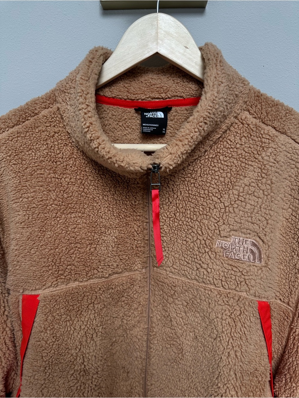 The North Face Men’s Tan Sherpa Fleece Jacket with Red Trim